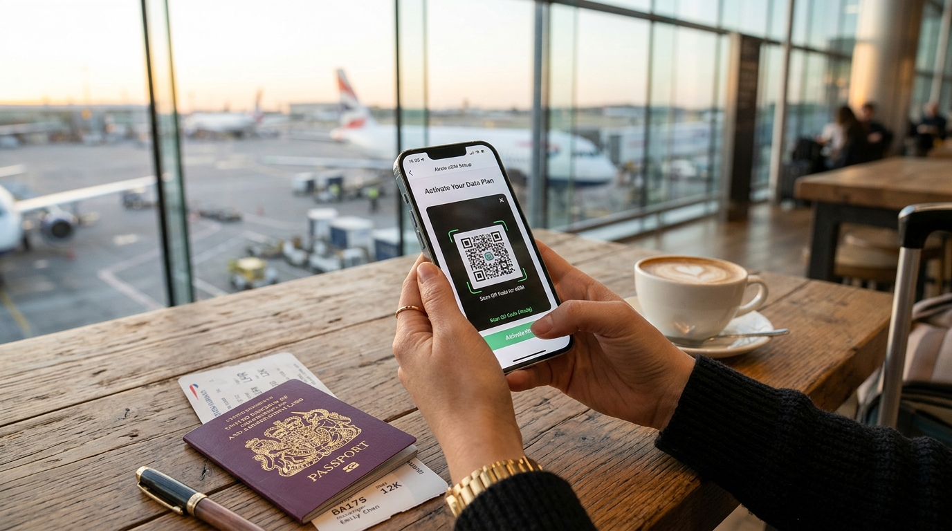 Mãos de viajante segurando smartphone com tela de configuração e ativação de chip virtual eSIM em aeroporto internacional com passaporte e café na mesa