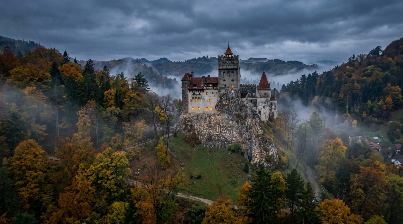 Castelo de Bran medieval erguido sobre colina rochosa cercado por florestas enevoadas de outono na Transilvânia, Romênia