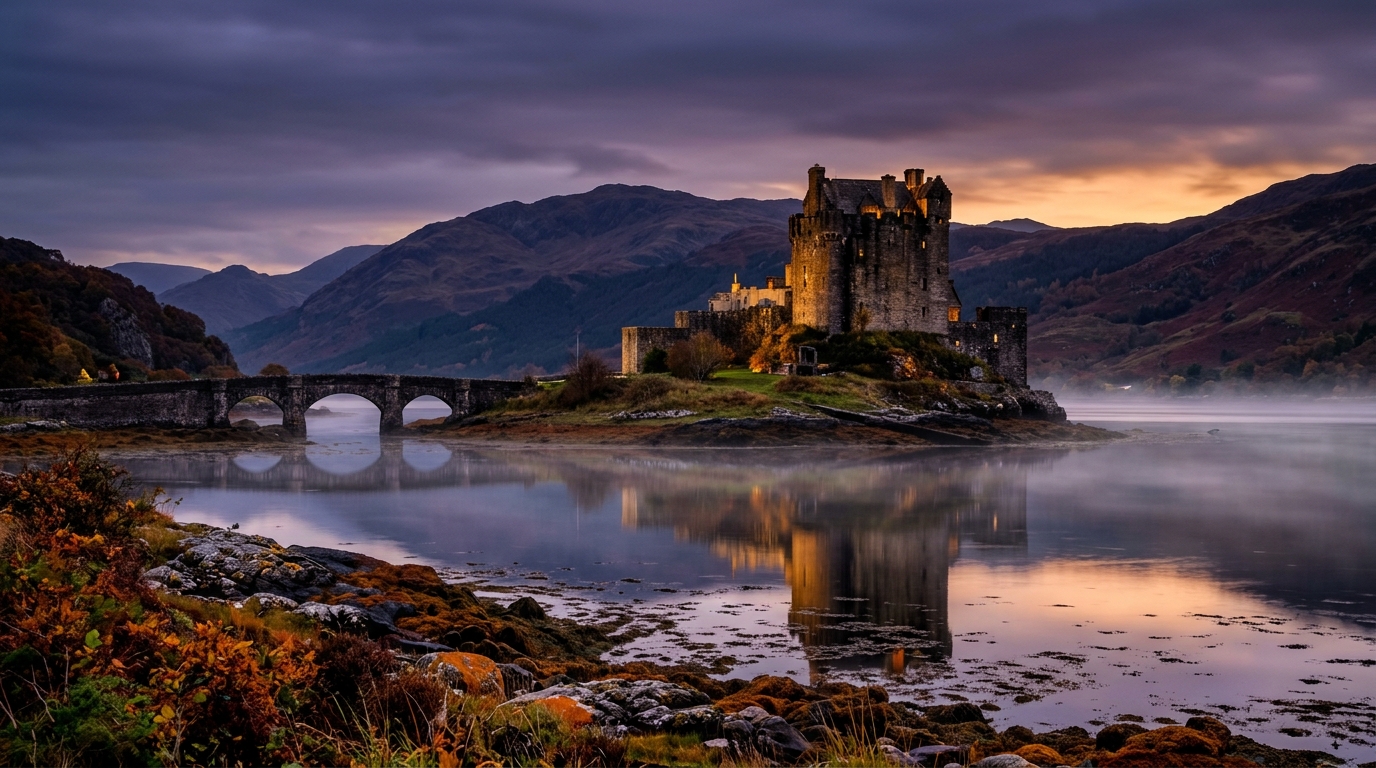 Castelo de Eilean Donan medieval iluminado ao anoitecer cercado pelas águas e névoa das Terras Altas escocesas