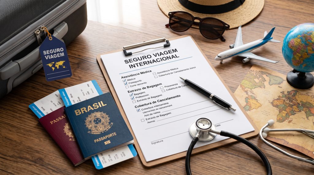 Seguro viagem internacional com passaporte e itens essenciais de viagem