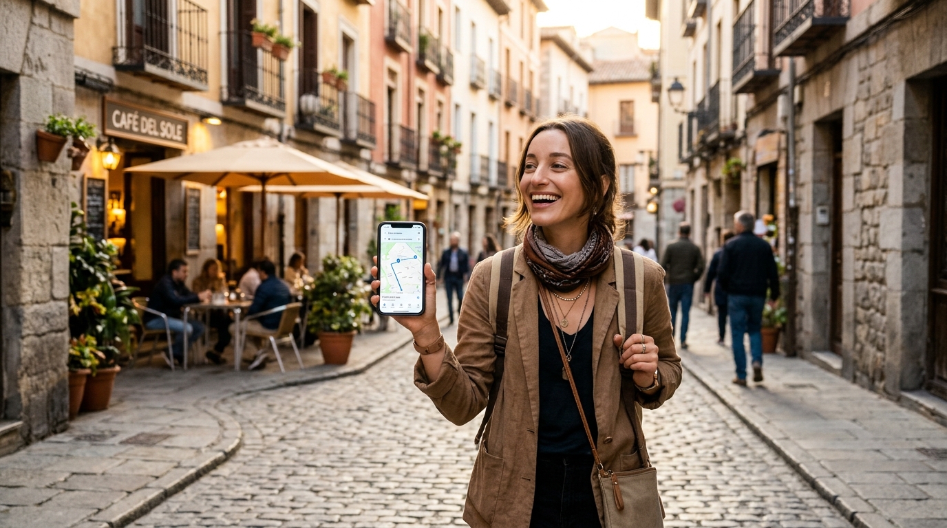 Viajante sorridente caminhando por rua charmosa na Europa utilizando aplicativo de mapa e rotas no smartphone conectado via eSIM