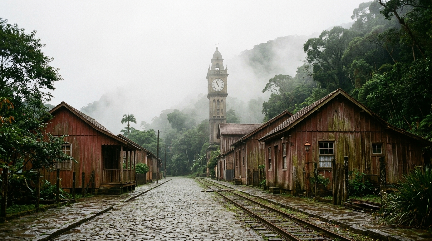 Casario histórico de madeira e trilhos de trem da Vila de Paranapiacaba envoltos pela densa neblina da Serra do Mar em Santo André